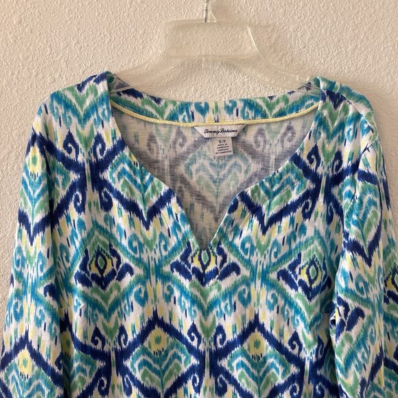 Tommy Bahama Women's Tunic Top Imali Ikat Kiera Blue Green 3/4 Sleeves Size Sm - Picture 3 of 13